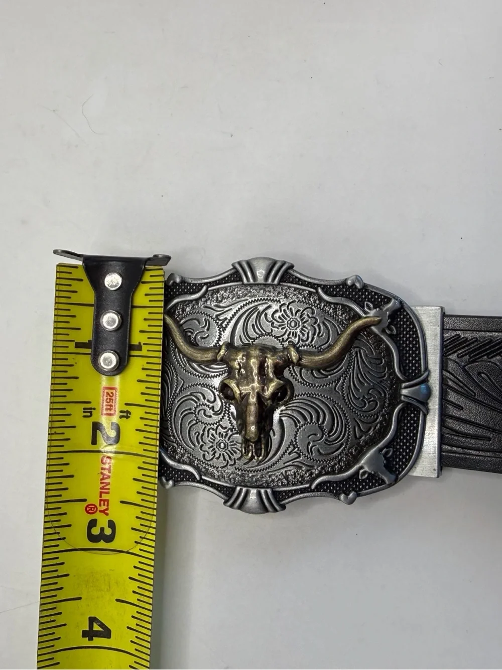 Western Cowboy Black Belt Longhorn Steer Skull Buckle 50” Rodeo Ranch Style